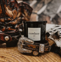 Load image into Gallery viewer, 22oz 2 Wick Cowboy Soy Wax Candle (Black Jar)
